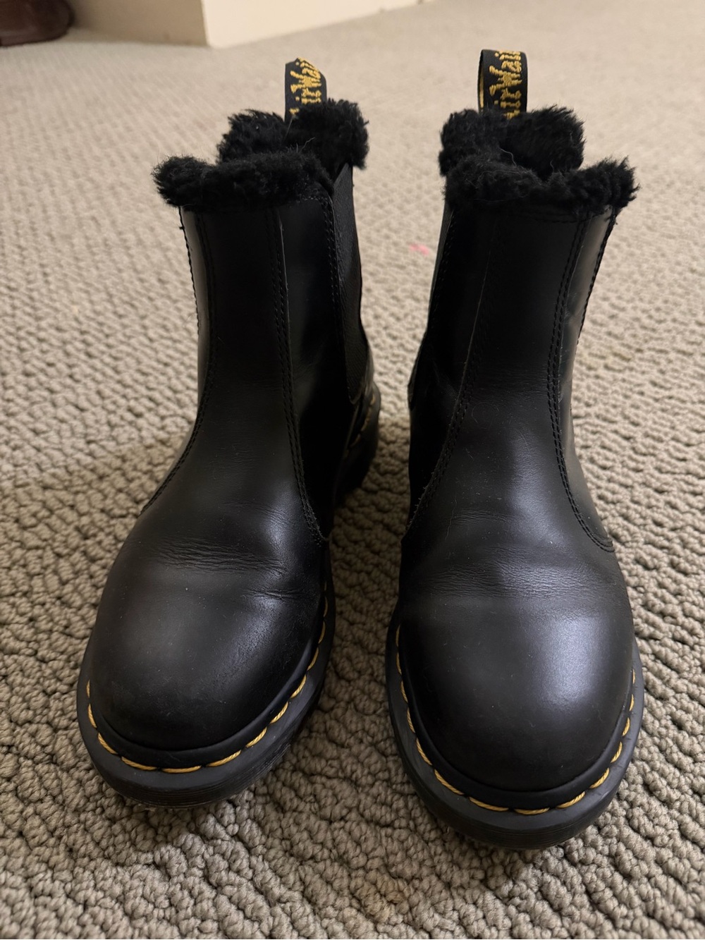 Dr. Martens Black Leather Chelsea Boots with Faux Fur Trim